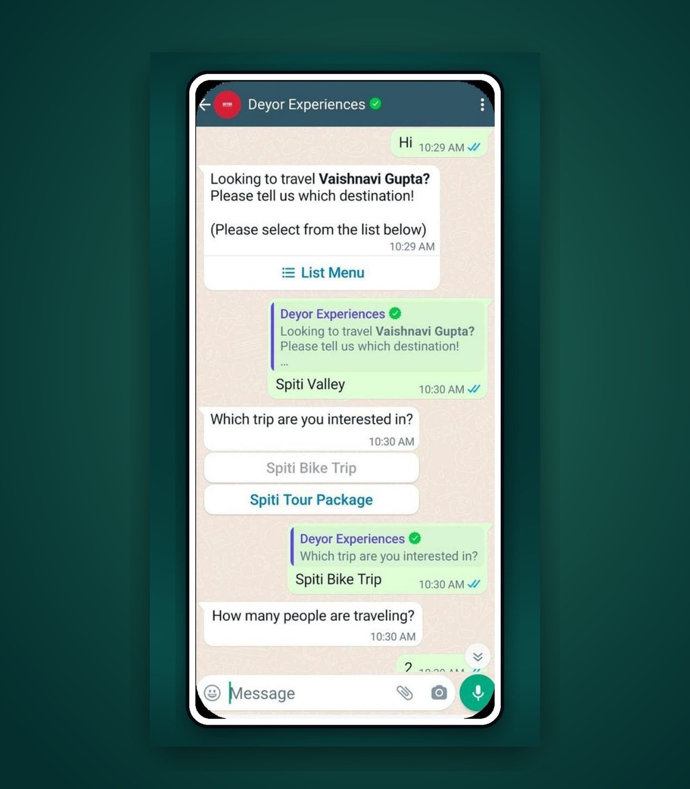 WhatsApp chatbot conversation on mobile